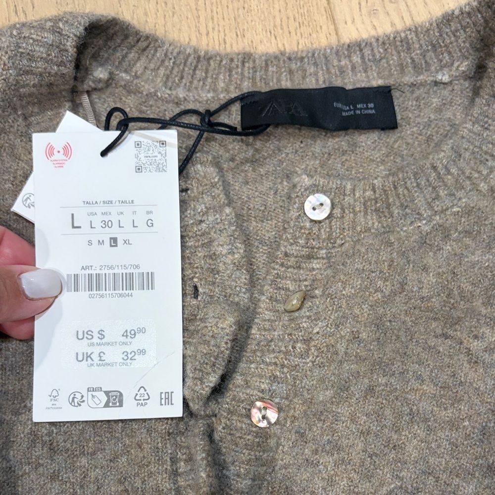 Zara Taupe Ruffle-Hem Crewneck Cardigan - Picture 2 of 3